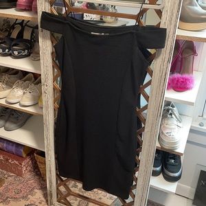 Little black off the shoulder dress.